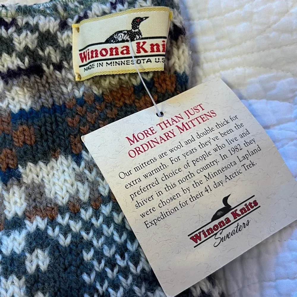 Vintage Winona Knits Minnesota Mitten Sz XL Wool Cotton Winter Cottage Cabin Tan